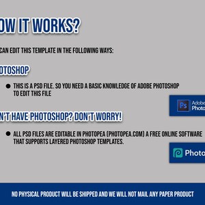 May include: How to edit a template using Photoshop or Photopea, a free online software.  The text says "This is a PSD file, so you need a basic knowledge of Adobe Photoshop to edit this file." and "All PSD files are editable in Photopea (photopea.com) a free online software that supports layered Photoshop templates."