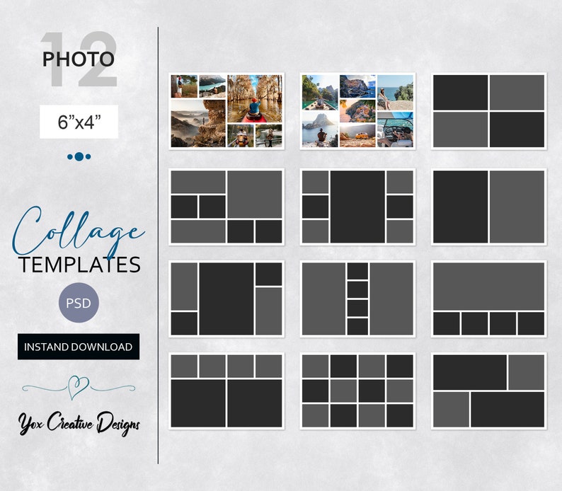 Fotocollage Sjablonen Kit in 6 x4, 12 Photoshop Photo Card Templates Pack voor fotografie Portfolio, Storyboards, Fotografie Portfolio afbeelding 1