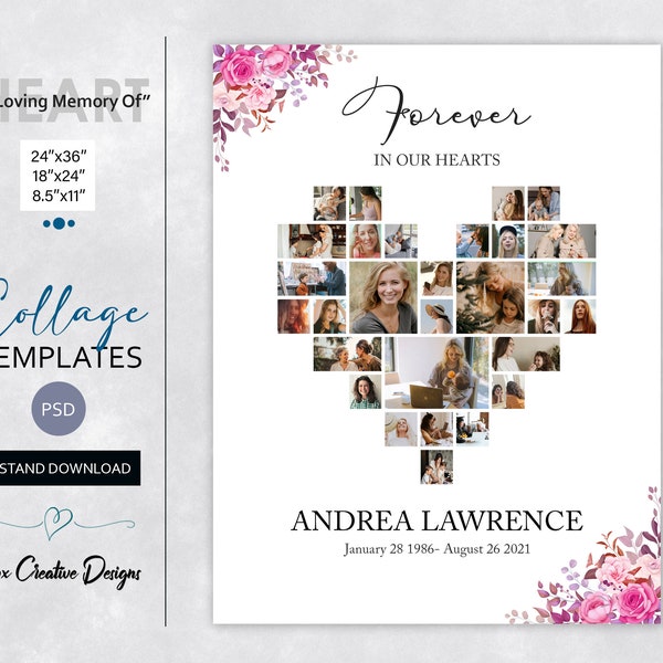 In Loving Memory of 24" x 36" Photo Collage Templates, Funeral Heart Shape Photo Templates, Memorial Love Collage Photoshop PSD Templates