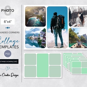 May include: Collage templates with rounded corners, designed for 8 photos, sized 6"x4". The design includes a sample collage with travel photos and a set of templates. The text reads "PHOTO", "Collage TEMPLATES", and "INSTAND DOWNLOAD".