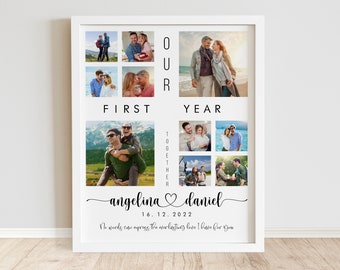 May include: A collage of photos celebrating a couple's first year together. The photos are arranged in a grid with the words "Our First Year Together" and the couple's names "angelina daniel" and the date "16.12.2022". The caption reads "No words can express the everlasting love I have for you."