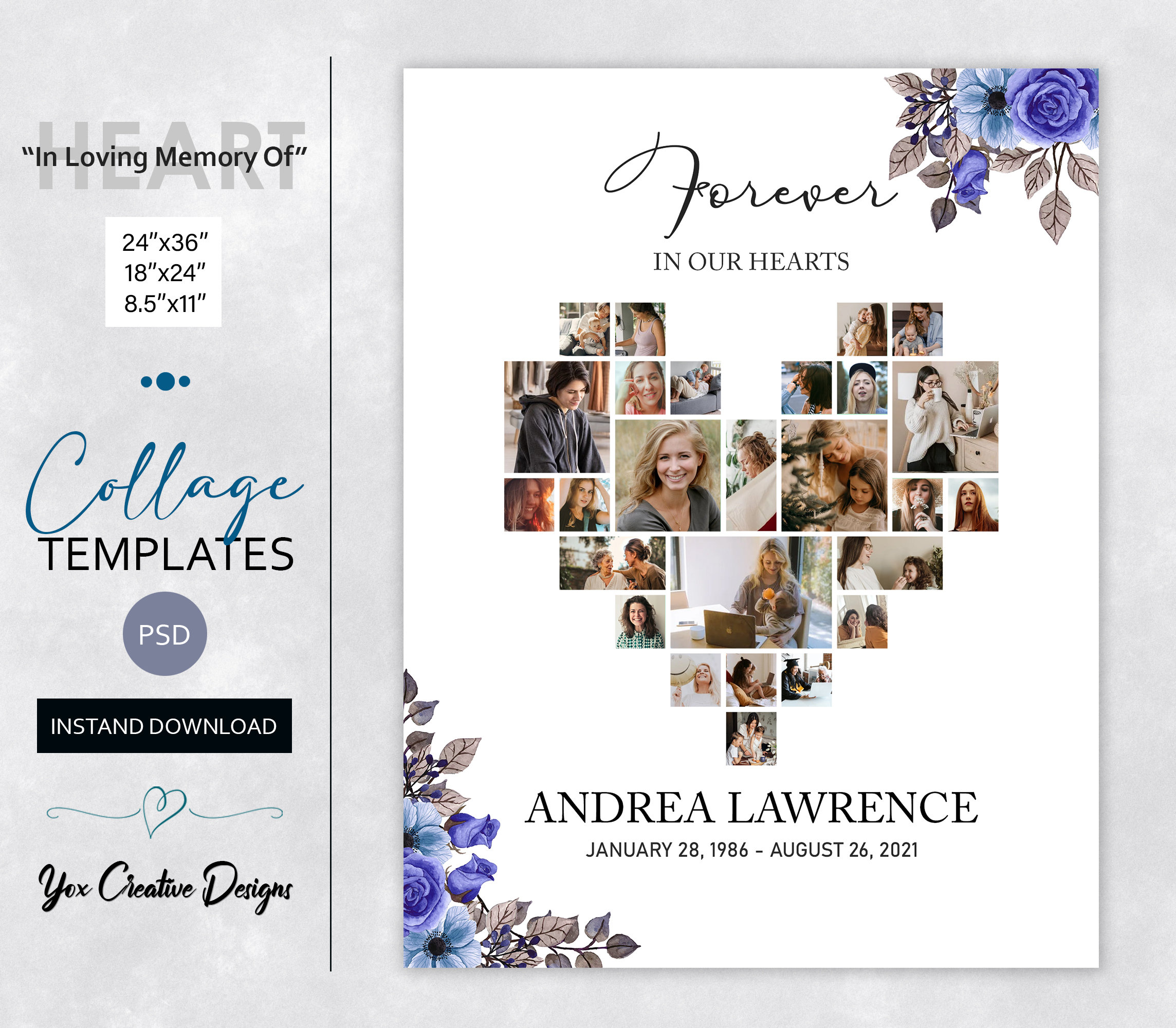 Collage Template for 26 Photos. Funeral Poster Board. in Loving