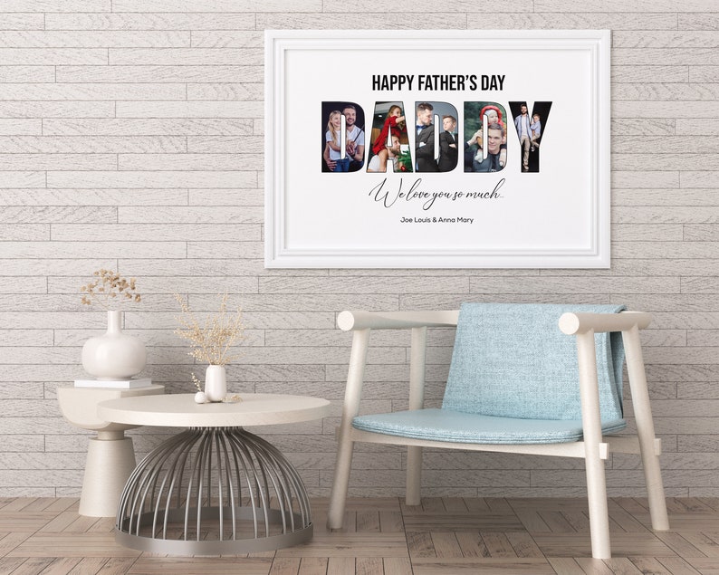 May include: A framed print with the words "HAPPY FATHER'S DAY" above the word "DADDY" filled with family photos. Below, the text reads "We love you so much" and the names "Joe Louis & Anna Mary". The frame is white.