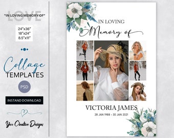 Memorial Photo Collage Template: Floral Funeral Design (Photoshop, 24x36&quot;)