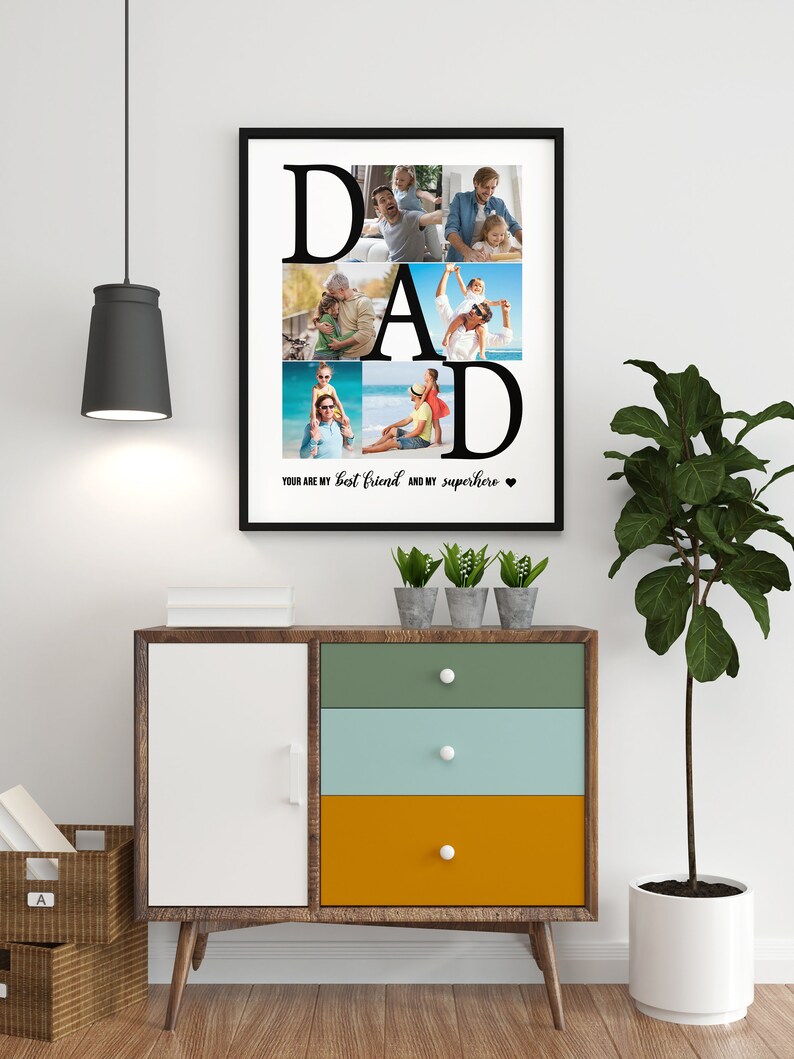 May include: A black and white photo collage of a father and his children. The photos are arranged to spell out the word "DAD". The text below the photos reads "You are my best friend and my superhero".