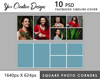 May include: A digital design template for a Facebook timeline cover. The design includes a collage of images featuring a woman in various outfits, along with a section for square photo corners. The text reads "Yox Creative Designs" and "10 PSD Facebook Timeline Cover".