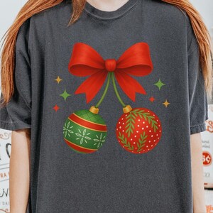 Ornament Cherries Shirt, Funny Holiday Tee, Comfort Colors Christmas Shirt, Christmas Bow Shirt, Holiday Aesthetic Shirt, Coquette Christmas