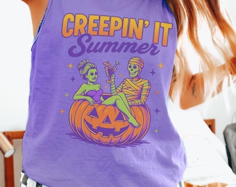 Creepin It Summer, Summerween Tank Top, Summer Halloween Shirt, Skeleton Shirt, Hot Ghoul Summer, Comfort Colors Tank, Jack O Lantern Shirt