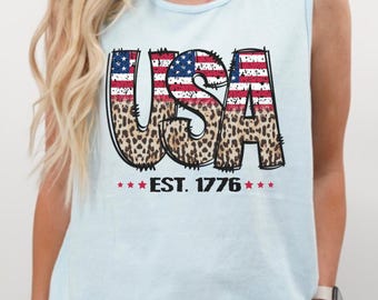 Camiseta sin mangas patriótica de EE. UU., camiseta retro del 4 de julio, camiseta americana con estampado de leopardo, camiseta sin mangas de verano Comfort Colors, top preppy 1776, camiseta con estampado de la bandera de EE. UU.