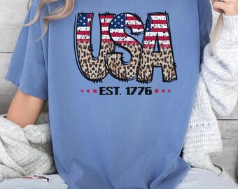 Camiseta Retro USA Est 1776, Camiseta con estampado de leopardo patriótico, Camiseta con bandera estadounidense desgastada para el 4 de julio, Camiseta Comfort Colors, Camiseta de mujer con estampado de guepardo