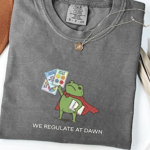 May include: A charcoal gray t-shirt featuring a green frog wearing a red cape, holding a book labeled Counselor and three cards showing an emotion wheel, breathing exercises, and faces of feelings, with the text WE REGULATE AT DAWN printed below.