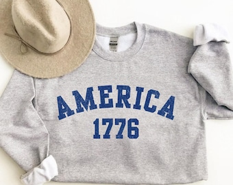 Sudadera Vintage America 1776, Sudadera America 250 de cuello redondo, Camiseta patriótica del 4 de julio, Sudadera minimalista America, Suéter del Día de la Independencia