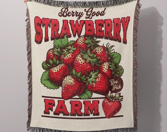 Strawberry Blanket, Fruit Blanket, Strawberries Bedding, Cottagecore Blanket, Woven Throw Blanket, Vintage Strawberry Throw, Strawberry Gift