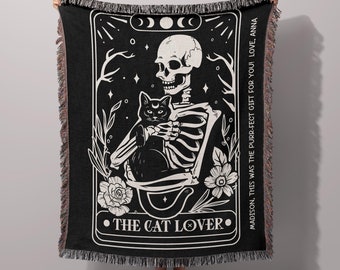 Black Cat Tarot, Tarot Card Blanket, Skeleton Blanket, Goth Blanket, Witchy Stuff, Cat Throw, Gothic Woven Blanket, Halloween Decor Blanket