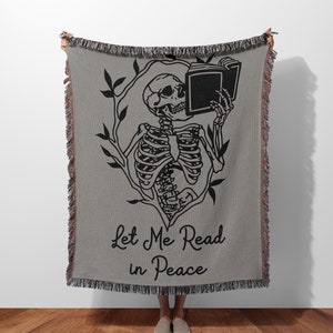 Skeleton Blanket, Skeleton Woven Tapestry, Book Throw Blanket, Reading Woven Blanket, Bookish Throws, Skeleton Reading, Let Me Read in Peace