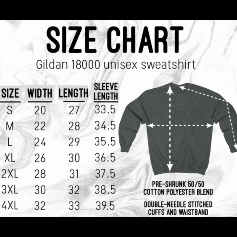 May include: Size chart for a Gildan 18000 unisex sweatshirt. The chart shows the size, width in inches, length in inches, and sleeve length in inches. The chart also includes information about the fabric blend and stitching.