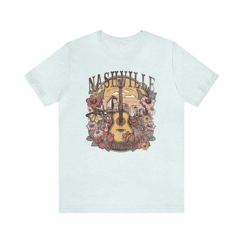 Nashville Shirt, Tennessee Shirt, Nashville Trip Shirt, Nashville Birthday, Music City Tee, Cute Country Music T-Shirt, Floral Guitar Shirt Heather Ice Blue