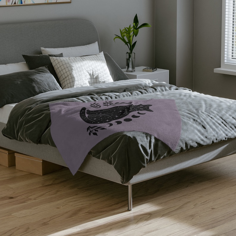 Cat Blanket, Witchy Blanket, Whimsigoth Blanket, Black Cat Blanket, Halloween Blanket, Moon Phase Blanket, Cat Throw Blanket, Dark Academia image 6