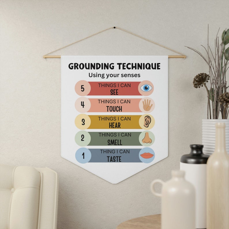 Peut inclure: Une affiche blanche de technique d'ancrage avec un design color&eacute;. L'affiche liste les cinq sens et combien de choses vous pouvez exp&eacute;rimenter avec chaque sens. L'affiche est accroch&eacute;e &agrave; un mur avec une baguette en bois.