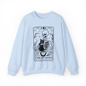 Tarot Card Sweatshirt, Skeleton and Cat Sweatshirt, Cat Mom Gift, Black Cat Sweatshirt, Witchcore Clothing, Cat Sweater, Black Cat Tarot Light Blue