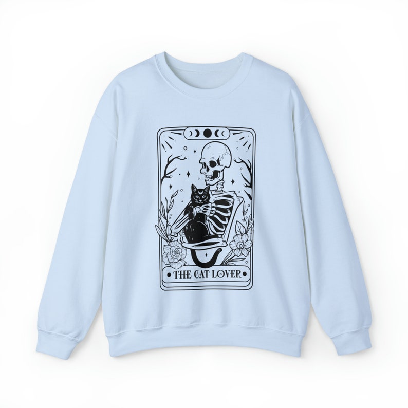 Tarot Card Sweatshirt, Skeleton and Cat Sweatshirt, Cat Mom Gift, Black Cat Sweatshirt, Witchcore Clothing, Cat Sweater, Black Cat Tarot Light Blue