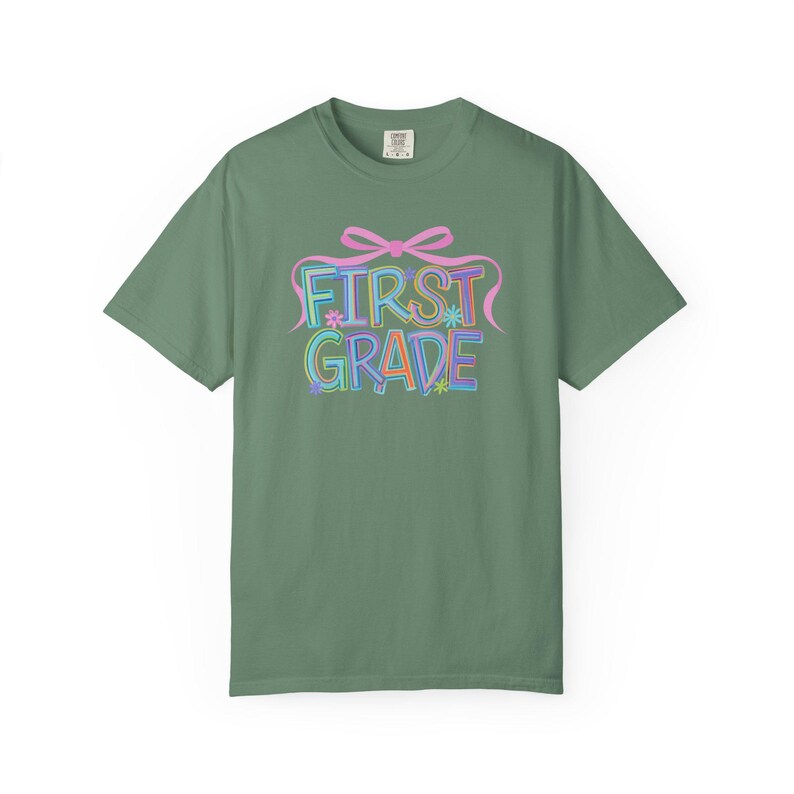First Grade Teacher Shirt 1st Grade Teacher Shirt Comfort Colors Teacher Tee Back to School Bow Shirt Teacher Aesthetic Shirt Teacher Gift Light Green