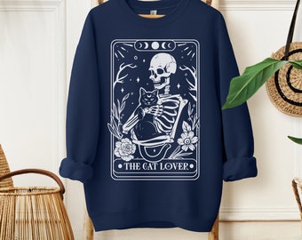 Tarot Card Sweatshirt, Skeleton and Cat Sweatshirt, Cat Mom Gift, Black Cat Sweatshirt, Witchcore Clothing, Cat Sweater, Black Cat Tarot