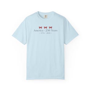America 250 Years 1776 2026, Patriotic Bow Shirt, Coquette Fourth of July Shirt, USA 250th Anniversary Tee, Patriotic Women Shirt Minimalist Chambray