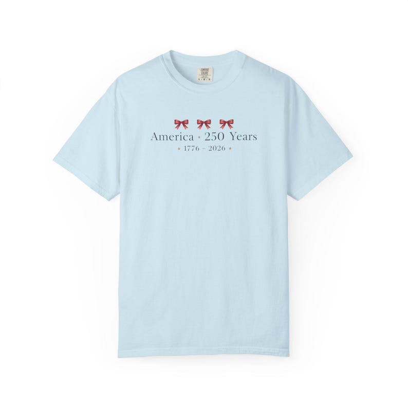America 250 Years 1776 2026, Patriotic Bow Shirt, Coquette Fourth of July Shirt, USA 250th Anniversary Tee, Patriotic Women Shirt Minimalist Chambray