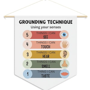 Peut inclure: Une affiche imprimable blanche avec le titre "Technique d'ancrage" et le texte "Utiliser vos sens". L'affiche comporte cinq rang&eacute;es avec les num&eacute;ros 1 &agrave; 5, chaque rang&eacute;e avec un sens diff&eacute;rent : voir, toucher, entendre, sentir et go&ucirc;ter. Chaque rang&eacute;e a une ic&ocirc;ne correspondante : un &oelig;il, une main, une oreille, un nez et une bouche.