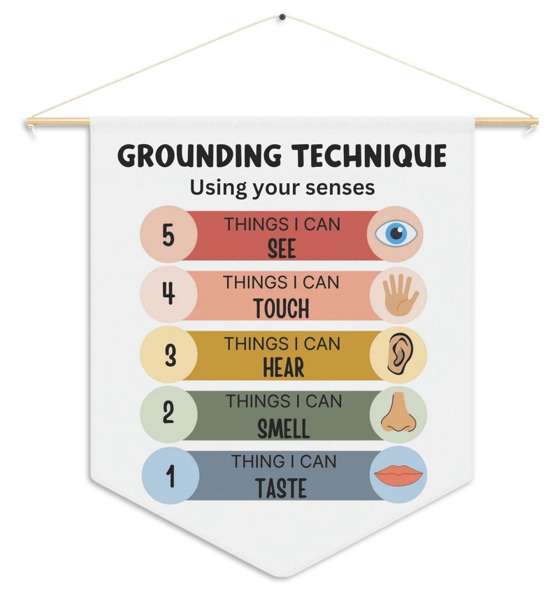 Peut inclure: Une affiche imprimable blanche avec le titre "Technique d'ancrage" et le texte "Utiliser vos sens". L'affiche comporte cinq rang&eacute;es avec les num&eacute;ros 1 &agrave; 5, chaque rang&eacute;e avec un sens diff&eacute;rent : voir, toucher, entendre, sentir et go&ucirc;ter. Chaque rang&eacute;e a une ic&ocirc;ne correspondante : un &oelig;il, une main, une oreille, un nez et une bouche.