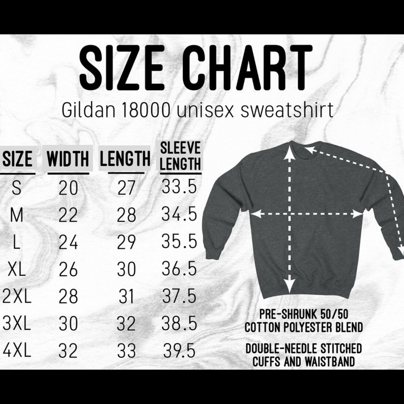 May include: Size chart for a Gildan 18000 unisex sweatshirt. The chart shows the size, width in inches, length in inches, and sleeve length in inches. The chart also includes information about the fabric blend and stitching.