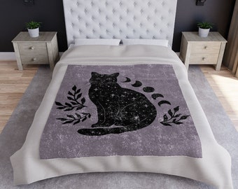 Cat Blanket, Witchy Blanket, Whimsigoth Blanket, Black Cat Blanket, Halloween Blanket, Celestial Blanket, Dark Academia Decor, Gothic Throw