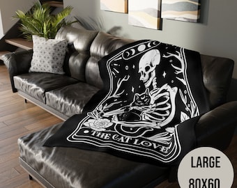 Black Cat Tarot, Tarot Card Blanket, Skeleton Blanket, Goth Baby Blanket, Witchy Stuff, Black Cat Throw, Gothic Blanket, Halloween Blanket