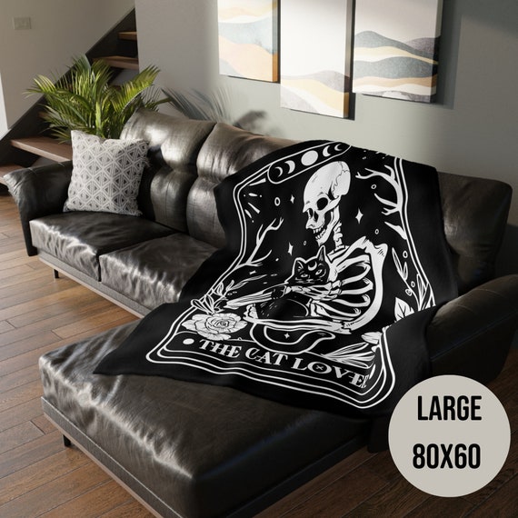 Black Cat Tarot, Tarot Card Blanket, Skeleton Blanket, Goth Baby Blanket, Witchy Stuff, Black Cat Throw, Gothic Blanket, Halloween Blanket