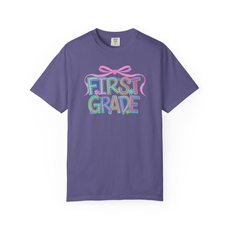 First Grade Teacher Shirt 1st Grade Teacher Shirt Comfort Colors Teacher Tee Back to School Bow Shirt Teacher Aesthetic Shirt Teacher Gift Grape