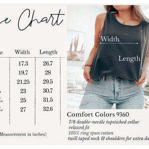 May include: Size chart for a tank top with measurements in inches for width and length. The chart shows sizes S through 3XL. The tank top is described as 7/8 double-needle topstitched collar, relaxed fit, 100% ring spun cotton, twill taped neck & shoulders for extra durability. Comfort Colors 9360.