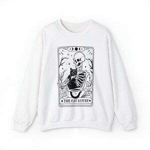 Tarot Card Sweatshirt, Skeleton and Cat Sweatshirt, Cat Mom Gift, Black Cat Sweatshirt, Witchcore Clothing, Cat Sweater, Black Cat Tarot White