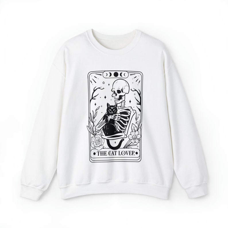 Tarot Card Sweatshirt, Skeleton and Cat Sweatshirt, Cat Mom Gift, Black Cat Sweatshirt, Witchcore Clothing, Cat Sweater, Black Cat Tarot White