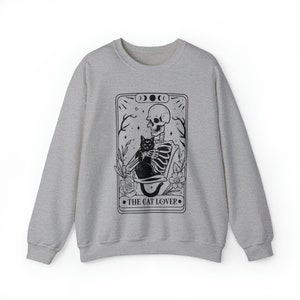 Tarot Card Sweatshirt, Skeleton and Cat Sweatshirt, Cat Mom Gift, Black Cat Sweatshirt, Witchcore Clothing, Cat Sweater, Black Cat Tarot Sport Grey