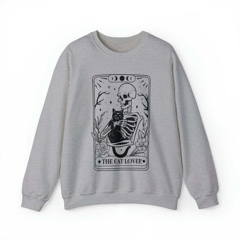 Tarot Card Sweatshirt, Skeleton and Cat Sweatshirt, Cat Mom Gift, Black Cat Sweatshirt, Witchcore Clothing, Cat Sweater, Black Cat Tarot Sport Grey