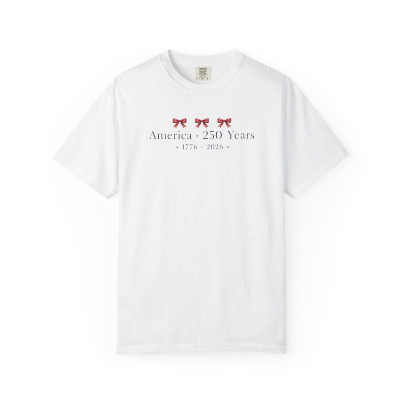 America 250 Years 1776 2026, Patriotic Bow Shirt, Coquette Fourth of July Shirt, USA 250th Anniversary Tee, Patriotic Women Shirt Minimalist White