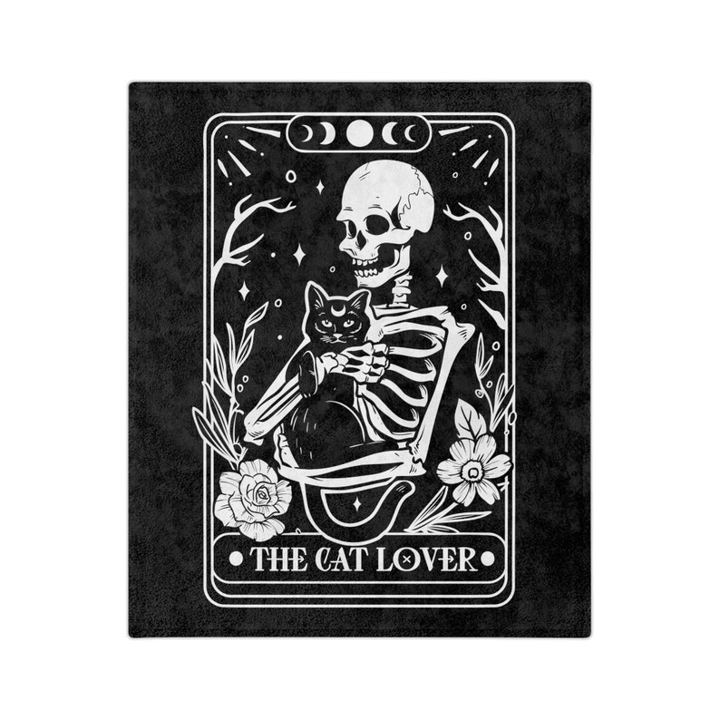 Black Cat Tarot, Tarot Card Blanket, Skeleton Blanket, Goth Baby Blanket, Witchy Stuff, Black Cat Throw, Gothic Blanket, Halloween Blanket image 3