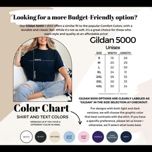 Puede incluir: Una camiseta unisex negra Gildan 5000, con una tabla de tallas que muestra medidas en pulgadas. La carta de colores muestra opciones como blanco, negro y marino. Texto: "Looking for a more Budget-Friendly option?"