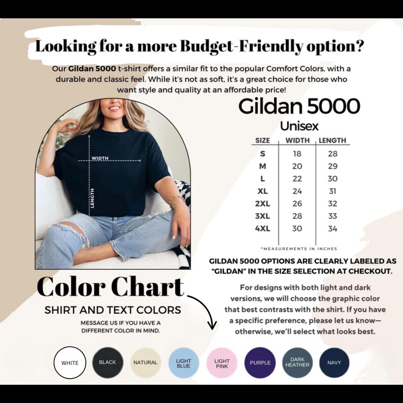 Puede incluir: Una camiseta unisex negra Gildan 5000, con una tabla de tallas que muestra medidas en pulgadas. La carta de colores muestra opciones como blanco, negro y marino. Texto: "Looking for a more Budget-Friendly option?"