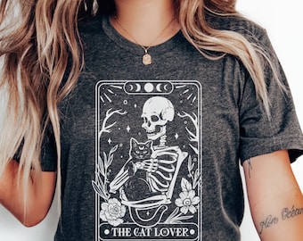 Tarot Card Shirt, Skeleton and Cat Shirt, Cat Mom Gift, Black Cat Shirt, Witchcore Clothing, Black Cat Tarot, Whimsigoth Shirt, Witchy Stuff