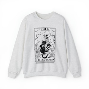 Tarot Card Sweatshirt, Skeleton and Cat Sweatshirt, Cat Mom Gift, Black Cat Sweatshirt, Witchcore Clothing, Cat Sweater, Black Cat Tarot Ash
