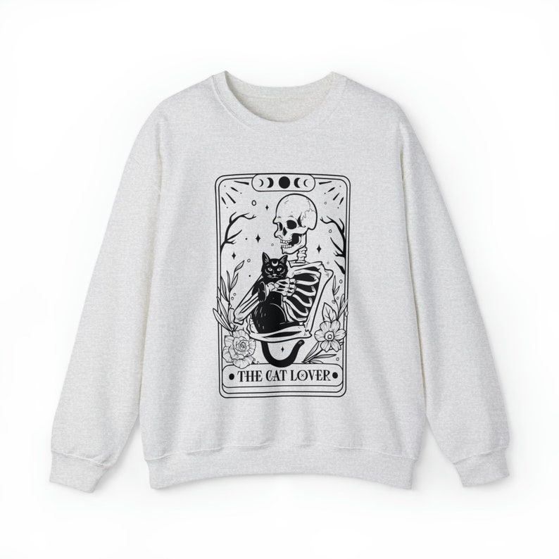 Tarot Card Sweatshirt, Skeleton and Cat Sweatshirt, Cat Mom Gift, Black Cat Sweatshirt, Witchcore Clothing, Cat Sweater, Black Cat Tarot Ash