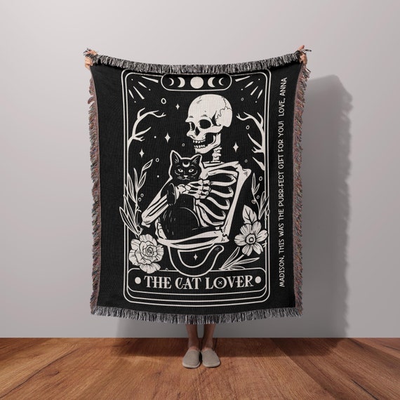 Black Cat Tarot, Tarot Card Blanket, Skeleton Blanket, Goth Blanket, Witchy Stuff, Cat Throw, Gothic Woven Blanket, Halloween Decor Blanket