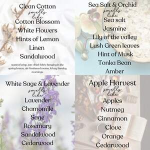 Puede incluir: Cuatro im&aacute;genes cuadradas con texto que describe diferentes aromas. Los aromas son Algod&oacute;n limpio, Sal marina y orqu&iacute;dea, Salvia blanca y lavanda, y Cosecha de manzana. Cada aroma se describe con una lista de palabras que representan el aroma.